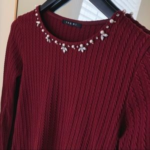 🍉INGNI Wine Red Knit Sweater Japan Gem Embellished/Pearl Rhinestones SNIDEL